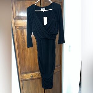 Leota Black Ruched Wrap Cocktail Dress